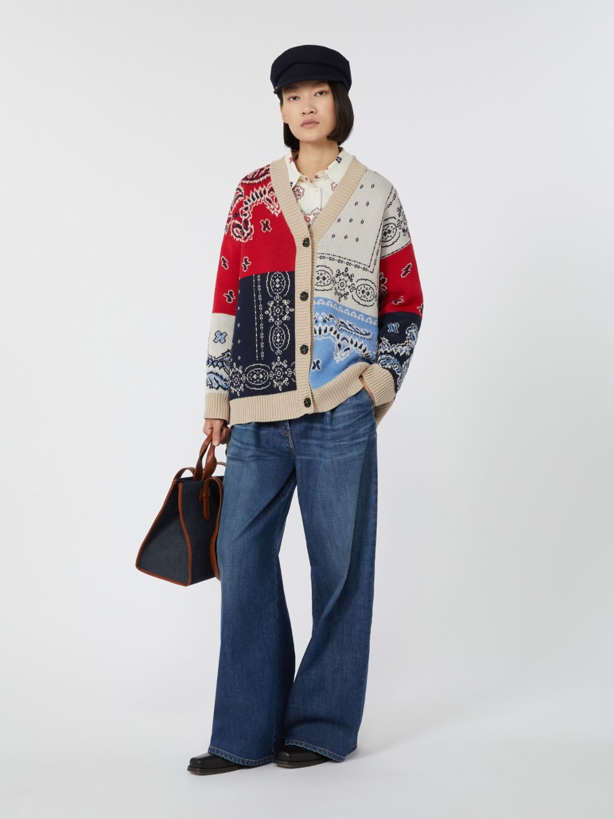 Oversized jacquard yarn cardigan, navy | Max Mara