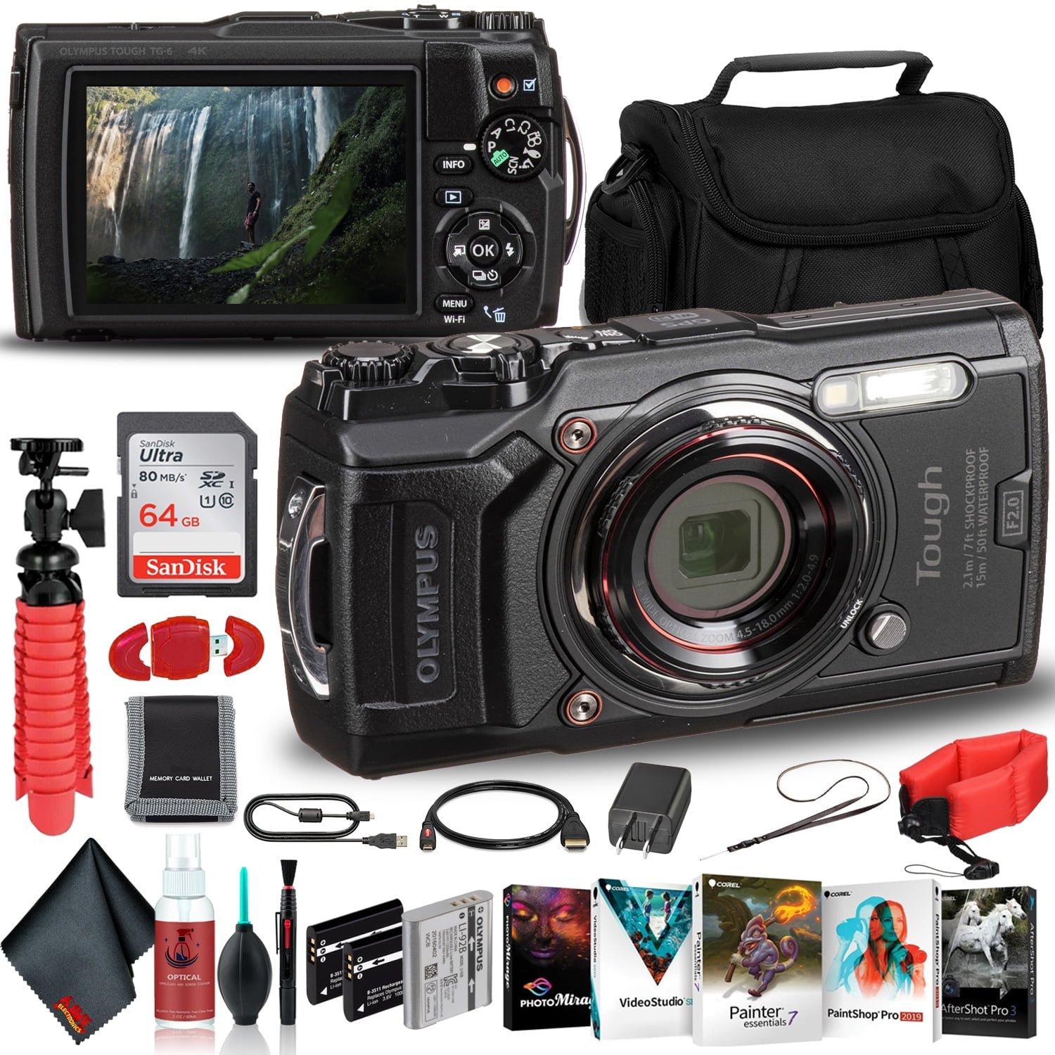 Olympus TG-6 Waterproof Camera Bundle - Extra Batteries, 64GB Card