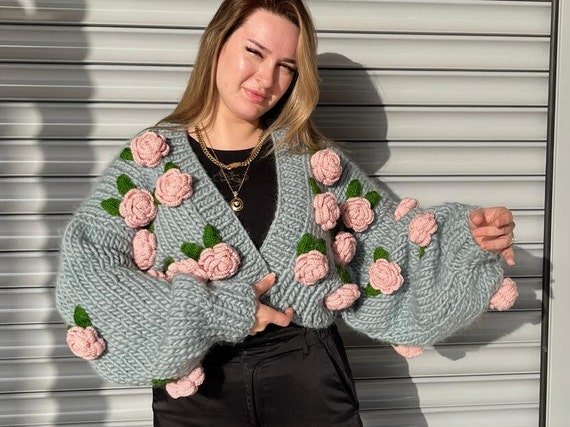 Hand Knit Chunky Cardigan: Pink Roses, Vegan Wool - Etsy
