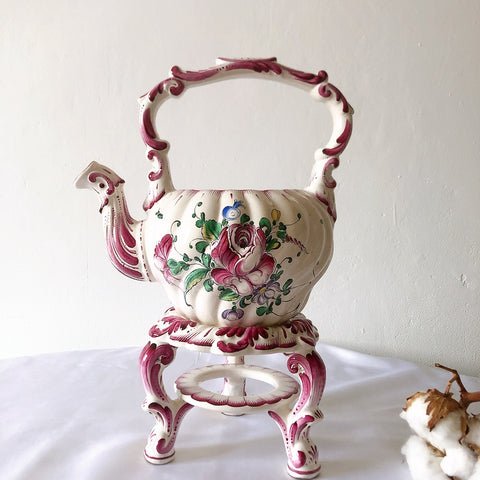 アンティークポット、 陶器鉢 プランター 台付き 手描きフラワーブーケ